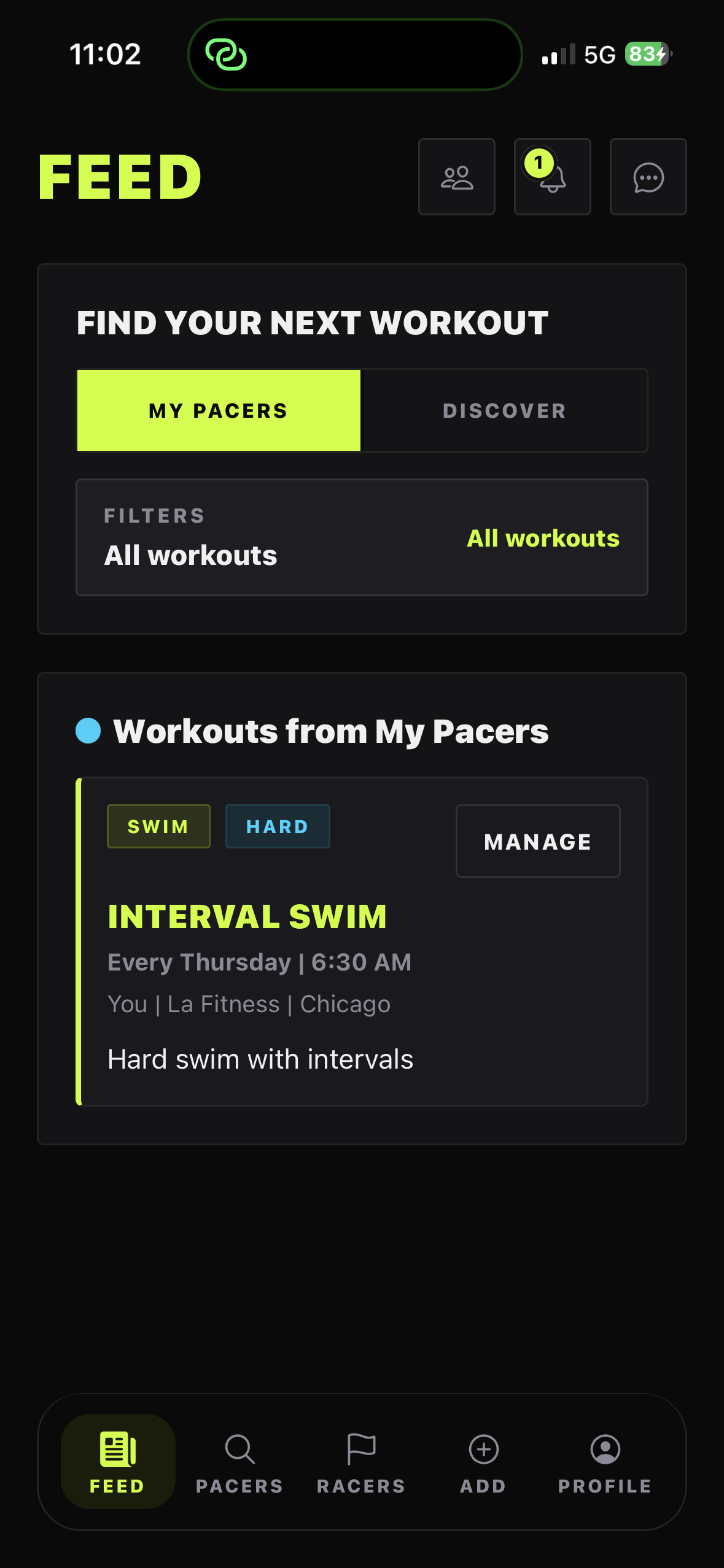 Pacer feed screen showing nearby and connected workouts