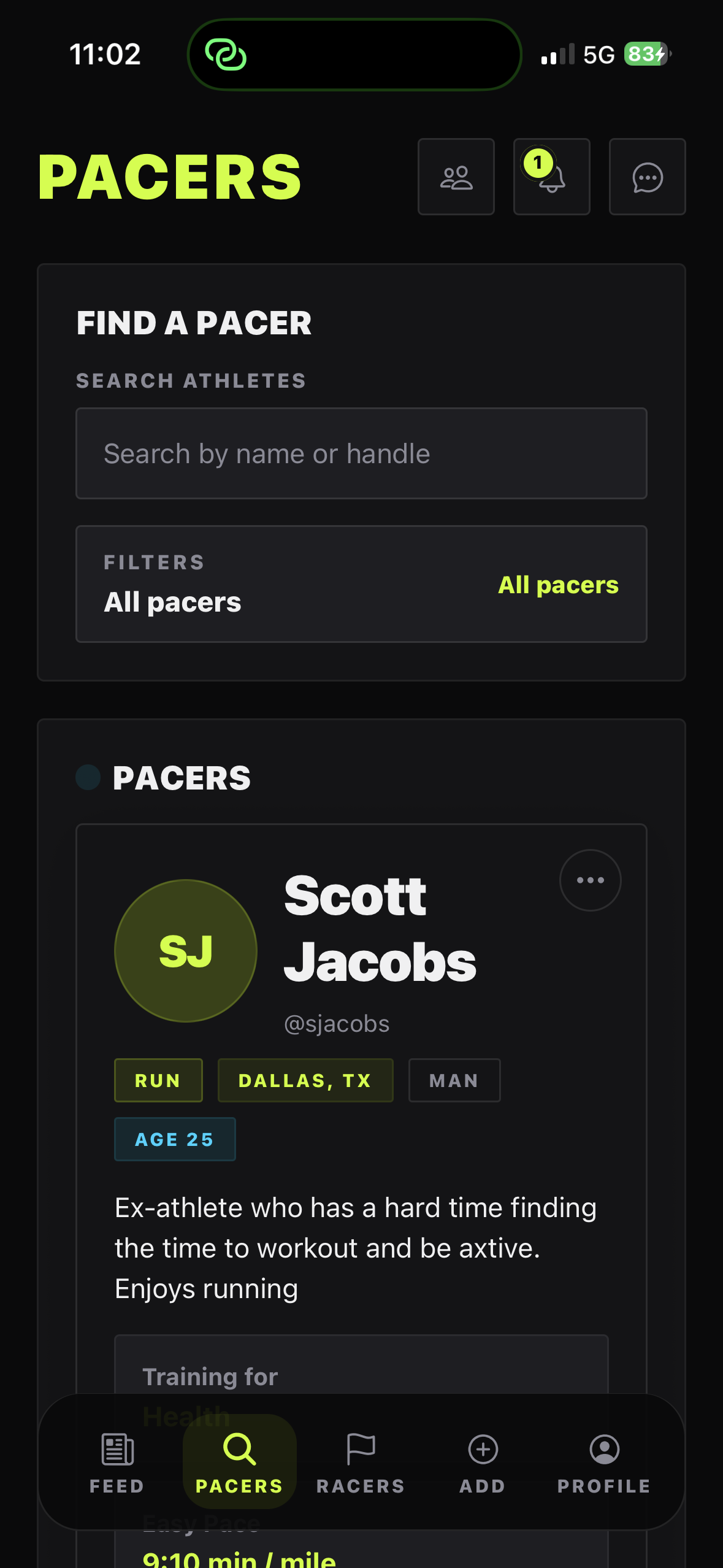 Pacer matching screen for finding local training partners